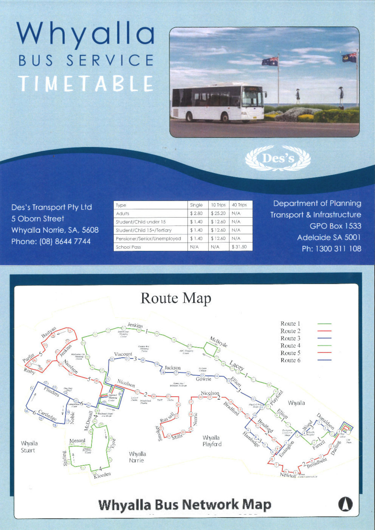 Des's Transport - Whyalla Route Service Schedule